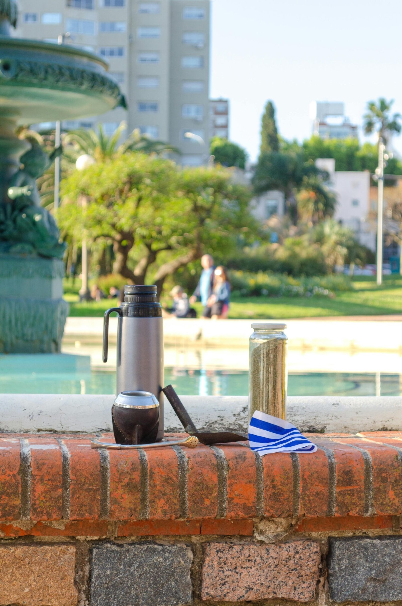 Thermos and mate set on brick wall in a sunny park with fountain backdrop.